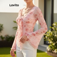 (Trendy2) Lovito Glamorous T-Shirt Ditsy Floral Tie Front Knot Ruffle Hem T-Shirt for Women L101AD10