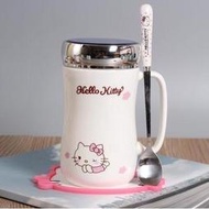 【上品居家生活】白色雲朵款 Hello Kitty 凱蒂貓 創意鏡面蓋 卡通風格陶瓷杯帶小湯匙/小勺子 (420ml)