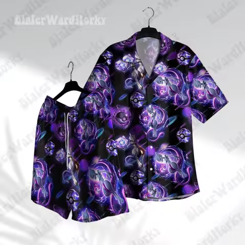 Mewtwo Galaxy Hawaiian Shirt Pokémon Anime Mewtwo Aloha Shirt Summer Leisure Men's T-Shirt Children'
