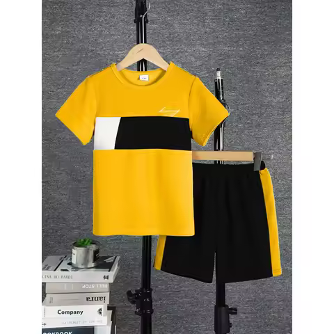 2Pcs Boys Casual Outfit Color Block Short Sleeve T-shirt & Shorts Set, Comfy Summer Kids Clothes 8 C