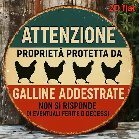2D Italian Wooden round Plate Retro Decorative Sign Caution Well-Trained Chickens Rural Farm Decorat