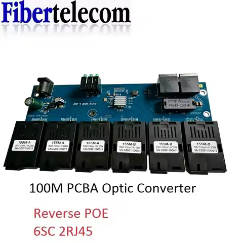 Reverse POE Switch 100M PCBA Board Fiber Optic Media Converter 2 RJ45 to 6 SC Optic Connector 3A+3B 