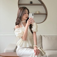 Ready Stock~2 Wear Polka Dot Crinkle Narrow Waist Short-Sleeved Top, Flat Neck Top [SO2646-571] Desi