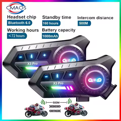 1/2Pcs X3Pro Bluetooth 6.0 Motorcycle Intercom 500M 1000mAh Helmet Moto Intercomunicador Headset Voi