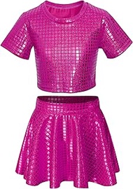 Sequin Top for Girls with Shiny Skirt Disco 0utfit Metallic Dress Performance Kids 3-13T, Rose, 8-9 