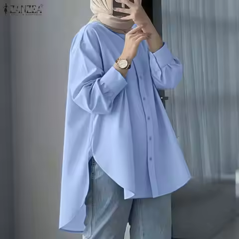 Fashion Women Shirt 2026 ZANZEA Muslim Blouse Autumn Spring Lapel Neck Long Sleeve Tops Solid High L