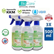 [Ready Stock] 3 x 500ml Biocare Instant Hand Sanitizer Liquid (SPRAY) with Aloe Vera (75% alcohol)
