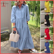 fulaide Womens 3/4 Sleeve Maxi Dress Button Up Lapel Swing Dress with Pockets A-line Ruffles Tiered 