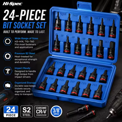 3/8 Inch Drive Impact Bit Socket Set S2 Alloy Steel Hex & Torx Sockets H3-H14 T10-T60 CR-V Black Pho