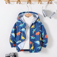 Kids Boy Casual Everyday Jacket, Dinosaur Pattern, Hooded Zip-Up Jacket Outerwear, Sun Protection, S