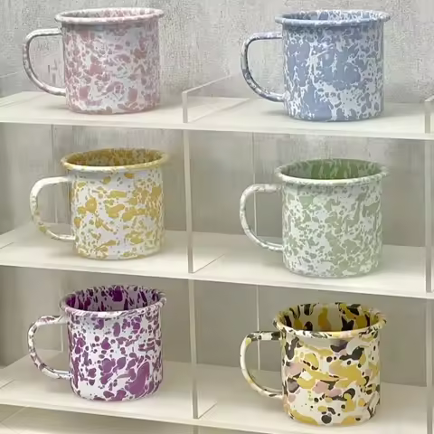 13 Ounce Splash Ink Enamelware Mug Retro Korean Style Hand-Held Coffee Milk Cup Enamel Tableware Ena