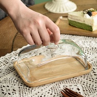 Bamboo Butter Dish with Glass Lid - Clear Butter Tray for Refrigerator&Counter for ButterBlock of Cr