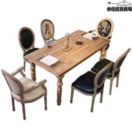 ALI6歐式美式餐桌組合實木桌子復古做舊拉絲松木餐桌法式餐廳簡長