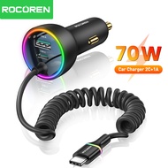 Rocoren 70W 3 Ports Car Charger PD Fast Charging With Spring Coil USB C Cable LED RGB Light Car Phon