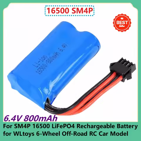 For 6.4V 800mAh SM4P 16500 LiFePO4 Rechargeable Battery for WLtoys 6-Wheel Off-Road RC Car Model
