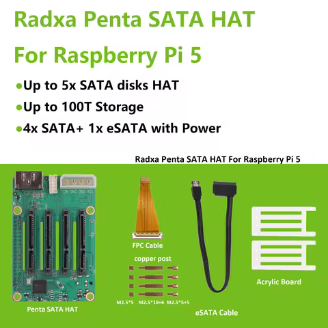 Penta SATA HAT For Raspberry Pi 5 and ROCK Pi Series ,5C/2A/2F,3C,5A, 4A / 4B / 4SE / 4A+ / 4B+ / 3A