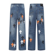 EYXU Chrome Hearts Four Seasons Cross Embroidered Leather Jeans Couple Style