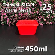MERAH 25 pcs pack - Thinwall Square Suapi 450 ML - Red Color with Red Lid - Plastic Box - SQ Contain