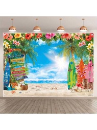 1入組,7x5ft/8x6ft/10x8ft夏威夷海灘聚酯攝影背景布,熱帶花朵衝浪板棕櫚葉背景,熱情派對送禮,提基風裝飾,藍天生日橫幅用品,蛋糕桌拍照裝置的用品,四個角有鑽孔方便掛起