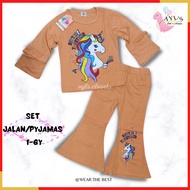 {1-6y}Set Jalan Budak Perempuan Premium Palazo Kids Set Cotton Baju Budak Perempuan Unicorn Frozen JR Kids Raya 2024