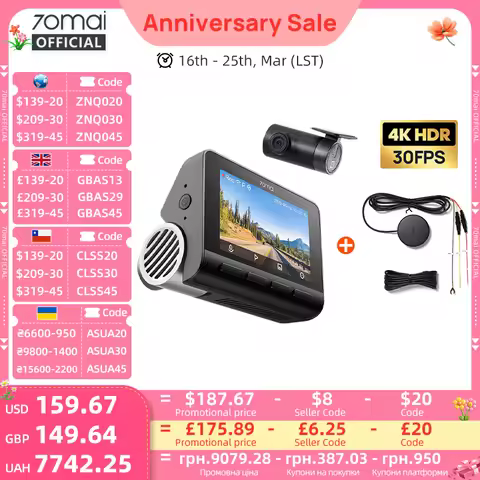 70mai Dash Cam A810S-2 Front 4K Rear 1080P & 4G Module UP04, Built-in GPS ADAS Night Vision Supercap