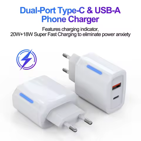 20W Dual Port USB C & USB A Wall Charger , PD QC3.0 Fast Charging Adapter for iPhone, Samsung , iPad