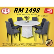 Marble Dining Set 4FT Round Marble Table + Farbic 6 Chiars Meja Makan Dining Set Marble Table Set