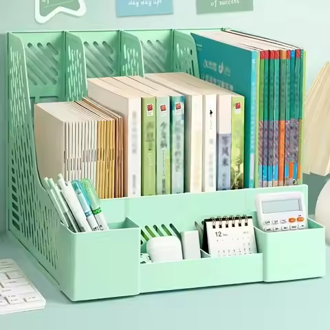 Multi-Layer A4 Document Holder Rack, PP Material File Rack Desk Organizer with Storage Box and Books
