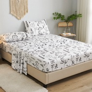 4Pcs White Black Botanical Leaves Flower Pattern Sheet Set Bedding Set, 1pc Fitted Sheet & 1pc Flat 