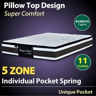 Ready Stock - Unique Pocket Mattress * 11 Inches * 5 Zone Individually Pocketed Spring * SINGLE / SUPER SINGLE / QUEEN / KING SIZE AVAILABLE