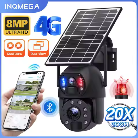 4K 8MP 4G Solar Powered Camera 20X Zoom Outdoor SIM Card Cam PIR Dection with Dual Screen Color Nigh