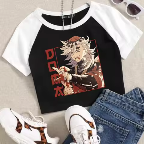 Anime Demon Slayer Douma Crop Tops T-Shirt Girls Fashion Women O-Neck Short Sleeve Fans Gift T-shirt