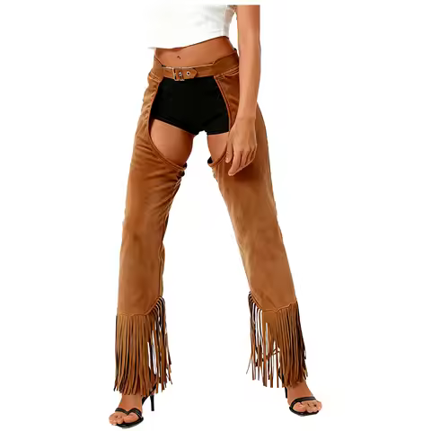 Women Adjustable Buckle Open Crotch Fringe Pole Dance Chaps Pants Halloween Carnival Western Cowgirl