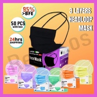 Head Loop Hijab Mask Headloop Mask 3Ply Face Mask 3 ply 50pcs Hijab Mask Hitam Black Mask
