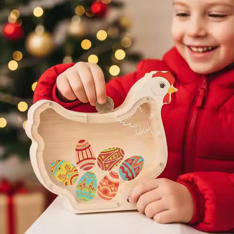 Wooden Animal Money Bank Rabbit Chicken Design Transparent Panel Coin Cash Saver Kids Adult Savings 