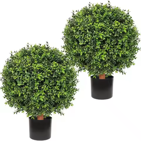 Artificial Topiary Boxwood Ball Trees Outdoor – Set of 2 UV Resistant Faux Boxwood Topiary, Fake Pot