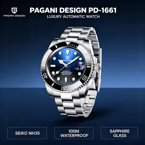 PAGANI DESIGN PD-1661 Men's Automatic Watch NH35 100M Waterproof Sapphire Glass 40MM Blue Dial Diver