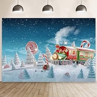 MEHOFOND 8x6ft Winter Christmas Photography Backdrop Snowy Train Background Winter Pine Tree Red Candy Decorations for Christmas Party New Year Family Party Cake Smash Decor Photo Studio Supplies