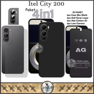 4-in-1 Tempered Glass Case Package AG Matte Itel City 200 Softcase Liquid Black