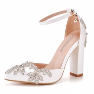 XSHXY · 7cm Thick Heel Pointed Shoes Hollow Square Root Sandals Rhinestone Wedding Women White Brida