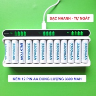 Bộ 12 pin AA 3300 mAh kèm sạc BESTON C9025L chuyên dùng cho micro không dây đồng hồ treo tường máy ả