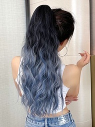 鉗狀馬尾延伸22英寸漸層藍色水紋自然波浪造型夾式假髮,柔軟自然,耐高溫合成纖維合成髮,適合女性