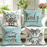 Blue "Home Sweet Home" Flower Leaf Pattern Pillow Case 45x45cm Short Plush Cushion Cover