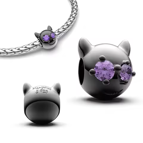 925 Sterling Silver Black Cat Charm Bead & Pendant Enamel Black Purple Fit Original Bracelet & Neckl