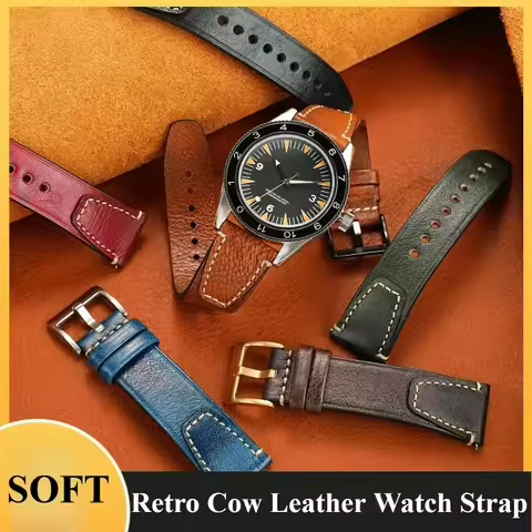 Breathable Porous Design Cowhide Watch Bracelet for Seiko 5 MIDO Commander Tissot Seastar Retro Genu
