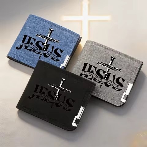 Men's Canvas Wallet with JESUS Pattern Personalized Design Multi-Card Slot Zipper Coin Pocket Youth 