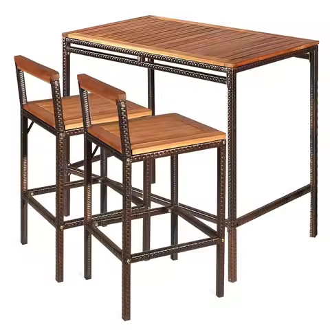 3-Piece Rattan Bar Table Set Acacia Top w/ 2 Stools Backrest Footrest Patio Bistro Backyard Poolside
