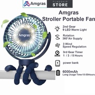 Amgras 6000mAh Portable Stroller Fan USB Rechargeable battery fan Quiet Fan with timing 360 Spin LED