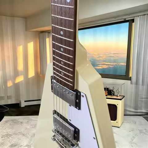 Cream White Flying‑V Electric Guitar, 2 Humbucker Pickups Fixed Bridge, Heavy‑Metal Hard Rock Stage