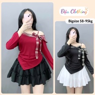 Women's Big Size Skirt Set Long Sleeve Off Shoulder Top with Short Flared Skirt for Chubby A333+CV40